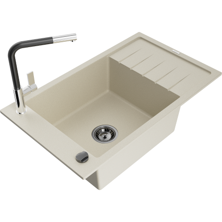 Mexen Elias granitový drez 1-komorový s odkvapkávačom a kuchynskou batériou Flora, béžový - 6511-69-670401-07-B