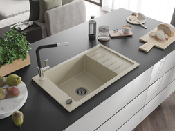 Mexen Elias granitový drez 1-komorový s odkvapkávačom a kuchynskou batériou Flora, béžový - 6511-69-670401-07-B