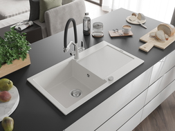 Mexen Leo granitový drez, 1-komorový s odkvapkávačom a kuchynskou batériou Duo, biely - 6501-20-671701-07