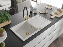 Mexen Leo granitový kuchynský drez 1-komorový s odkvapkávačom a kuchynskou batériou Duo, biela - 6501-20-671701-57-G