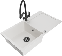 Mexen Leo žulový kuchynský drez s 1-komorou, odkvapkávačom a kuchynskou batériou Duo, biely - 6501-20-671701-70-B