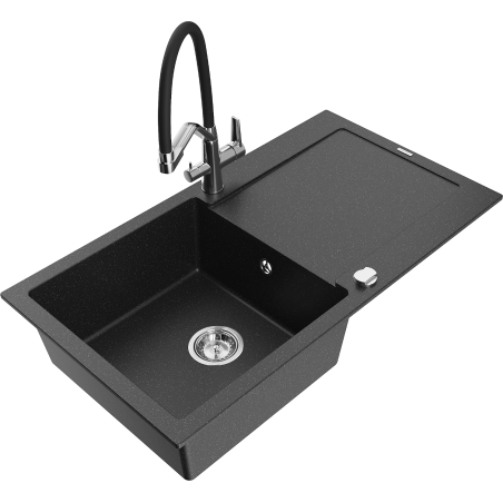 Mexen Leo jednokomorový žulový drez s odkvapkávačom a kuchynskou batériou Duo, čierny/strieborný metalický