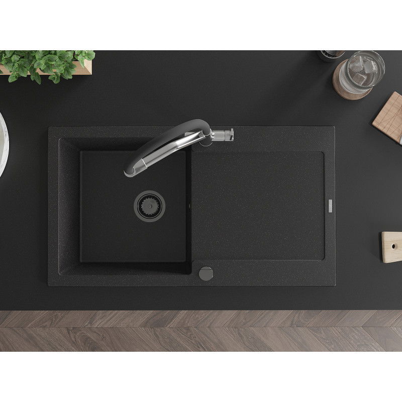 Mexen Leo granitový drez s 1 komorou, odkvapkávačom a kuchynskou batériou Duo, čierny/strieborný metalický