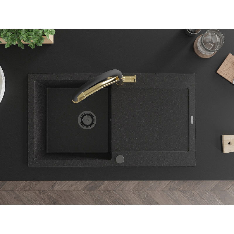 Mexen Leo žulový jednokomorový drez s odkvapkávačom a kuchynskou batériou Duo, čierny/strieborný metalik - 6501-73-671701-57-B