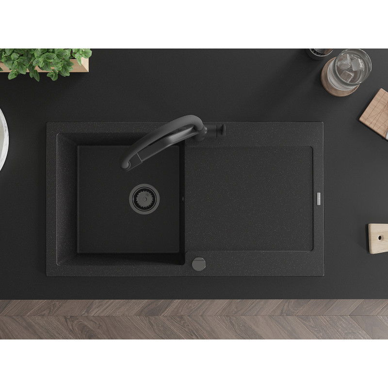 Mexen Leo žulový drez 1-komorový s odkvapkávačom a kuchynskou batériou Duo, čierny/strieborný metalik - 6501-73-671701-70-B
