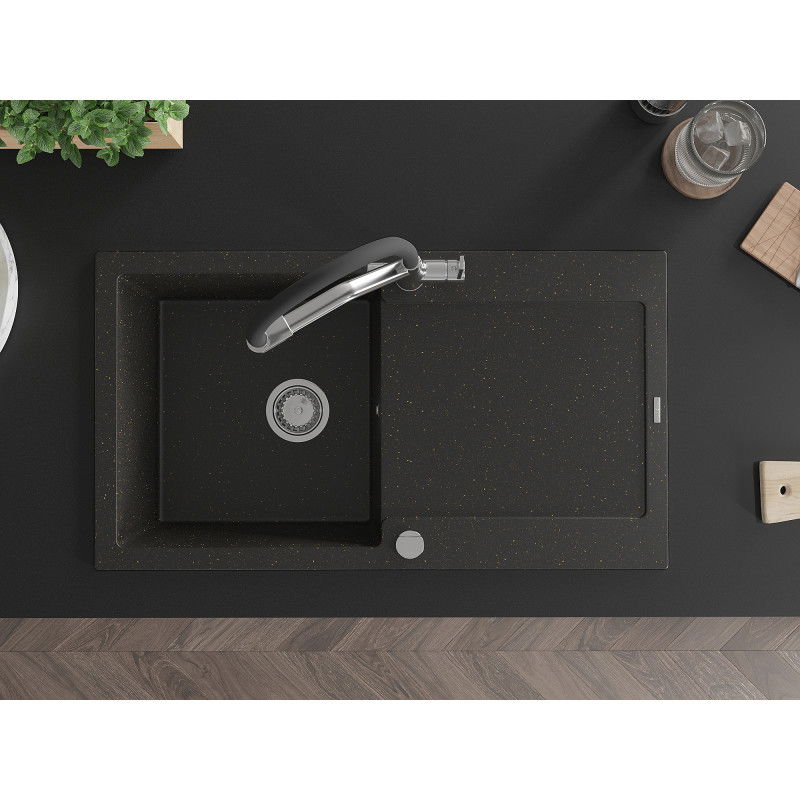 Mexen Leo jednovanový granitový drez s odkvapkávačom a kuchynskou batériou Duo, čierna/zlatý metalíz - 6501-75-671701-07