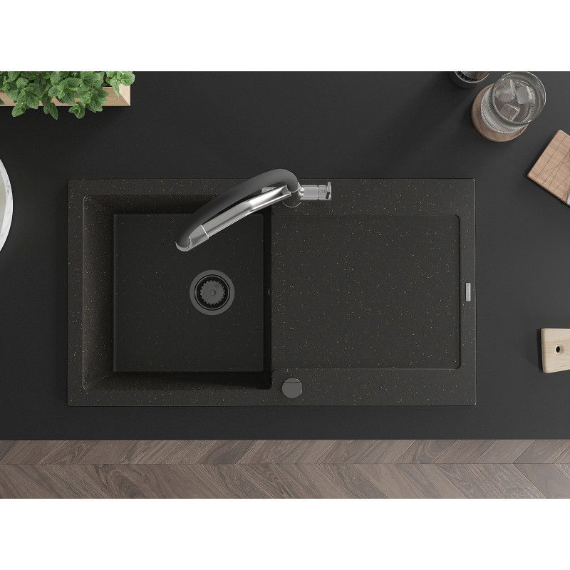 Mexen Leo žulový kuchynský drez s 1 misou, odkvapkávačom a kuchynskou batériou Duo, čierny/zlatý metalik - 6501-75-671701-07-B