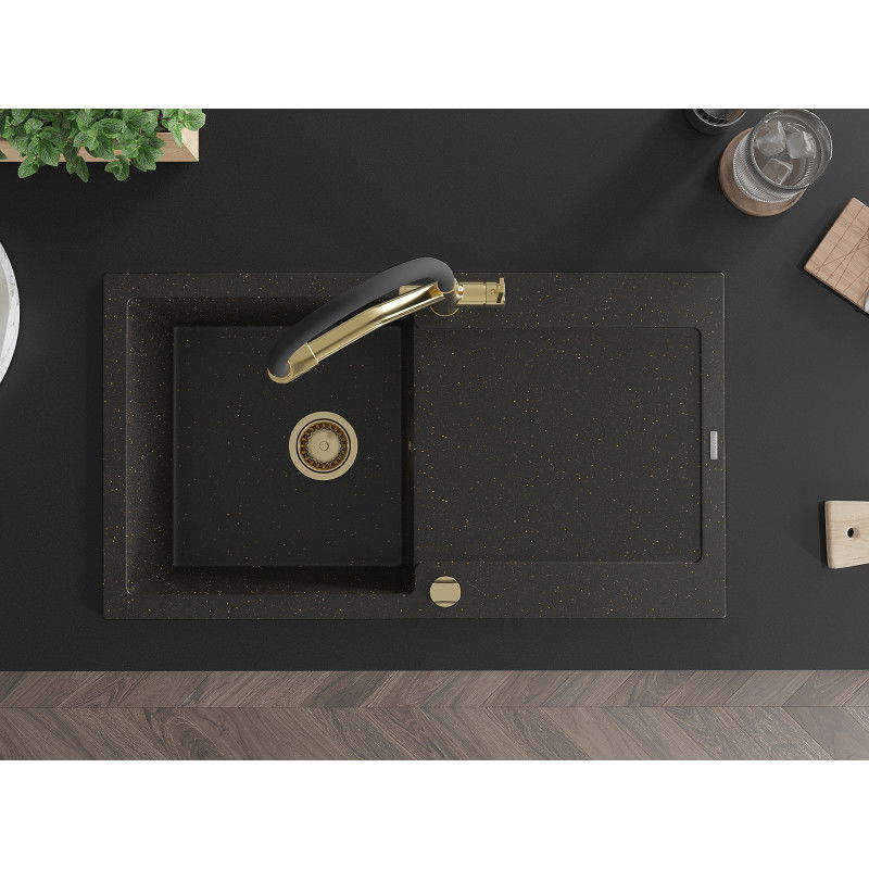Mexen Leo granitový jednodrezový kuchynský drez s odkvapkávacou plochou a kuchynskou batériou Duo, čierny/zlatý