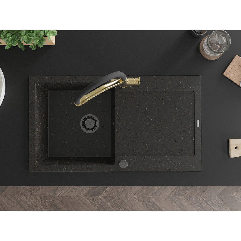 Mexen Leo granitový drez s 1 komorou s odkvapkávačom a kuchynskou batériou Duo, čierny/zlatý metalík