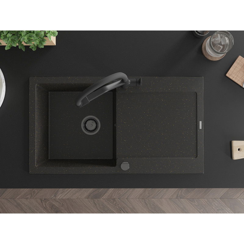Mexen Leo granitový drez s 1 komorou, odkvapkávačom a kuchynskou batériou Duo, čierna/zlatý metalizovaný