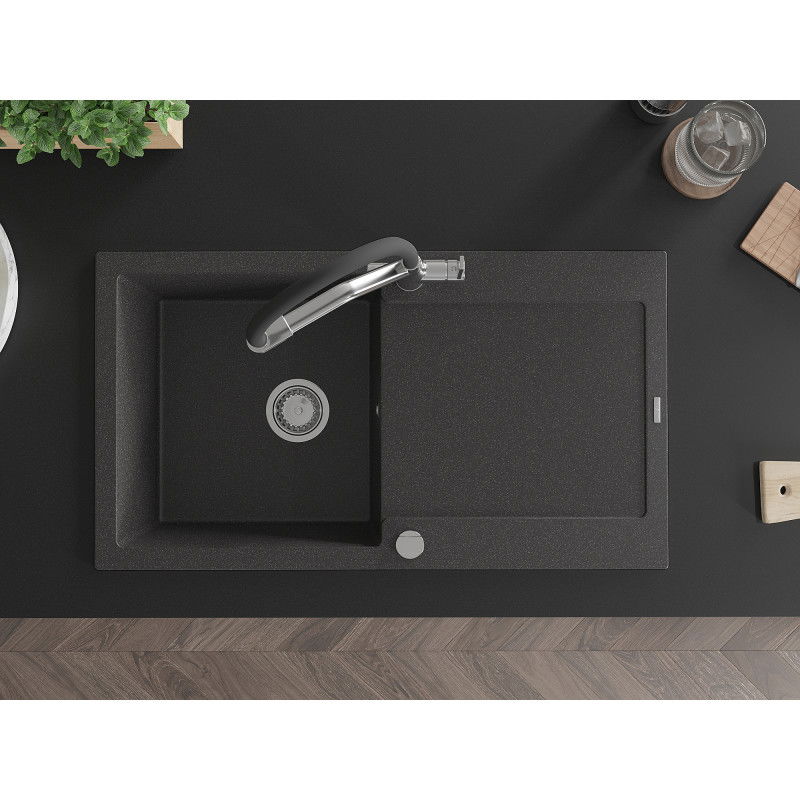 Mexen Leo granitový kuchynský drez 1-komorový s odkvapkávačom a kuchynskou batériou Duo, čierny škvrnitý - 6501-76-671701-07