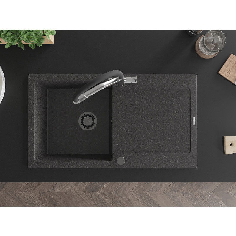 Mexen Leo granitový drez 1-komorový s odkvapkávacou plochou a kuchynská batéria Duo, čierna škvrnitá - 6501-76-671701-07-B