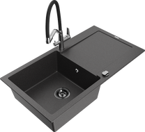Mexen Leo granitový drez 1-komorový s odkvapkávacou plochou a kuchynská batéria Duo, čierna škvrnitá - 6501-76-671701-07-B