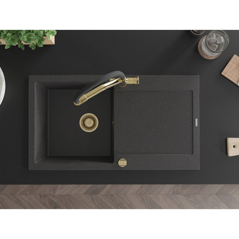 Mexen Leo granitový kuchynský drez s 1 komorou, odkvapkávačom a kuchynskou batériou Duo, čierny s bodkami - 6501-76-671701-57-G