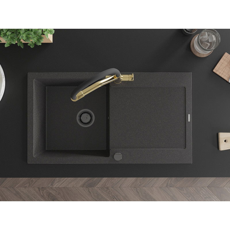 Mexen Leo granitový kuchynský drez 1-komorový s odkvapkávačom a kuchynskou batériou Duo, čierny bodkovaný - 6501-76-671701-57-B