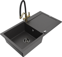 Mexen Leo granitový kuchynský drez 1-komorový s odkvapkávačom a kuchynskou batériou Duo, čierny bodkovaný - 6501-76-671701-57-B