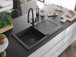 Mexen Leo granitový dreaz dvojkomorový s odkvapkávačom a kuchynskou batériou Duo, čierny bodkovaný - 6501-76-671701-70-B
