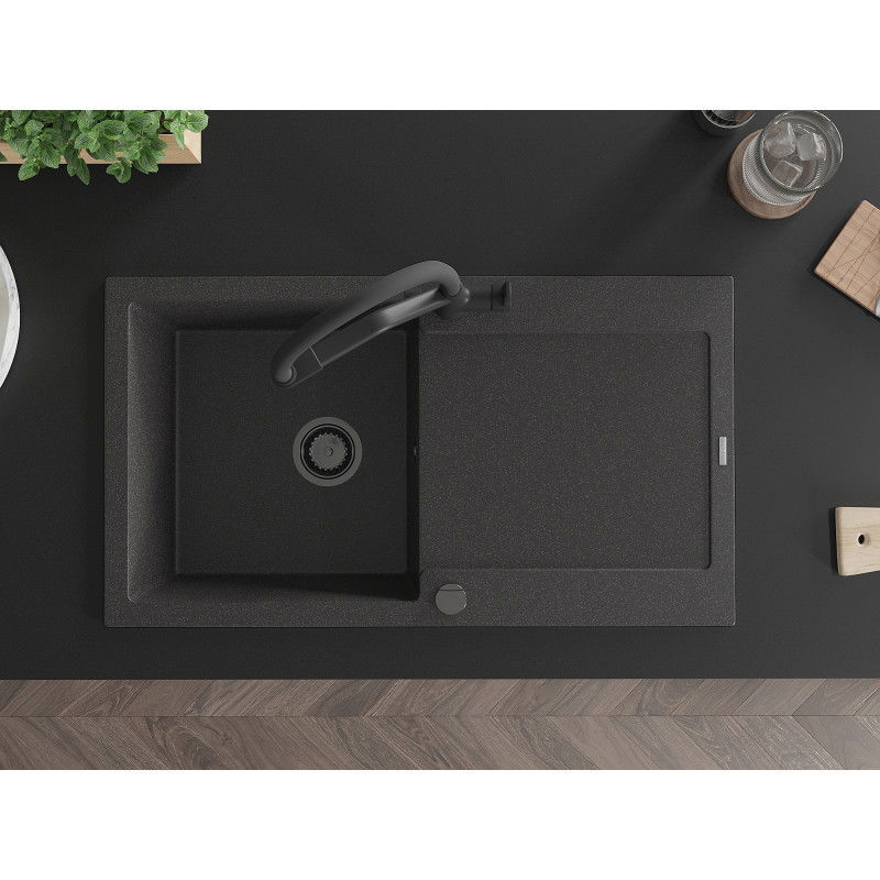 Mexen Leo granitový dreaz dvojkomorový s odkvapkávačom a kuchynskou batériou Duo, čierny bodkovaný - 6501-76-671701-70-B
