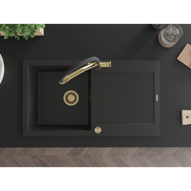 Mexen Leo žulový kuchynský drez 1-komorový s odkvapkávačom a kuchynskou batériou Duo, čierny - 6501-77-671701-57-G