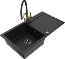 Mexen Leo granitový kuchynský drez 1-komorový s odkvapkávačom a kuchynskou batériou Duo, čierny - 6501-77-671701-57-B