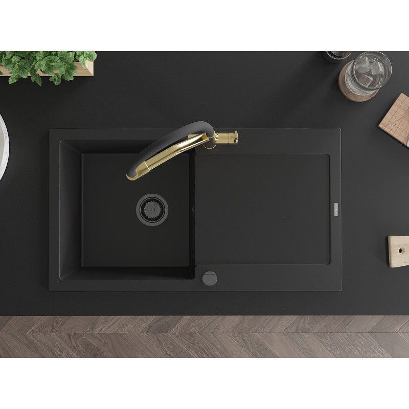 Mexen Leo granitový kuchynský drez 1-komorový s odkvapkávačom a kuchynskou batériou Duo, čierny - 6501-77-671701-57-B