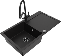 Mexen Leo žulový kuchynský drez 1-komorový s odkvapkávačom a kuchynskou batériou Duo, čierny - 6501-77-671701-70-B
