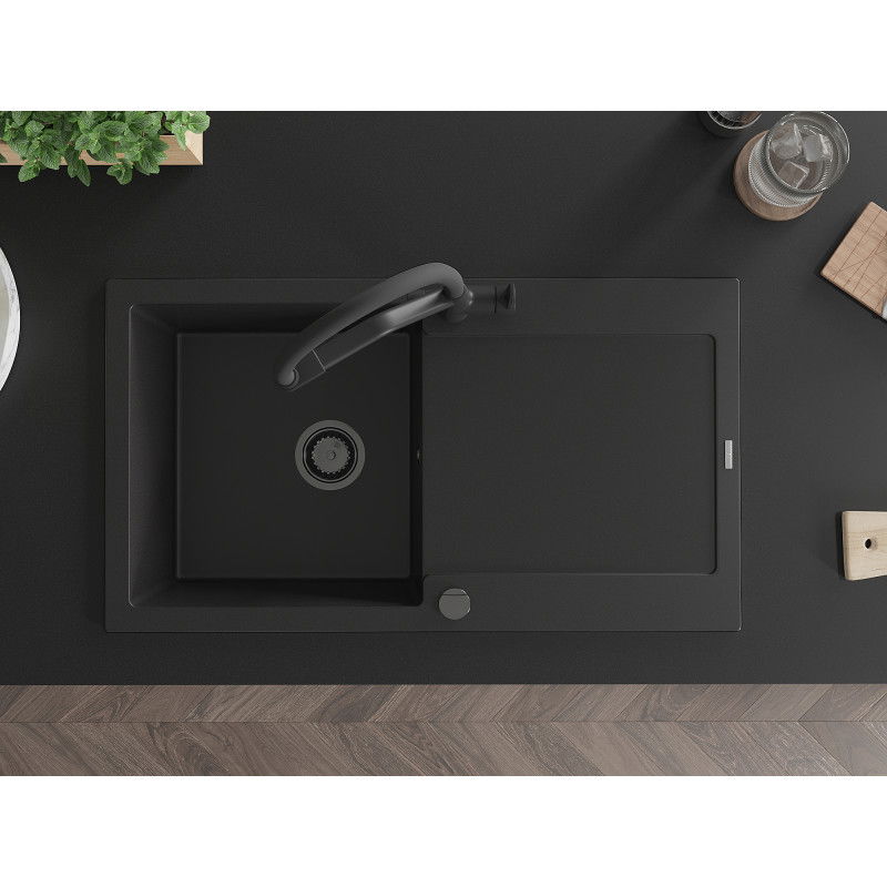 Mexen Leo žulový kuchynský drez 1-komorový s odkvapkávačom a kuchynskou batériou Duo, čierny - 6501-77-671701-70-B