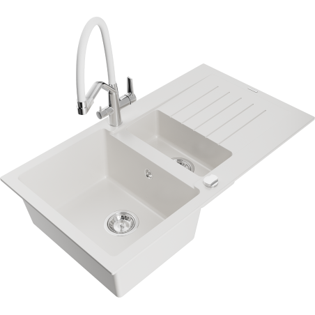 Mexen Matias žulový drez 1,5-komorový s odkvapkávačom a kuchynskou batériou Duo, biely - 6502-20-671701-02