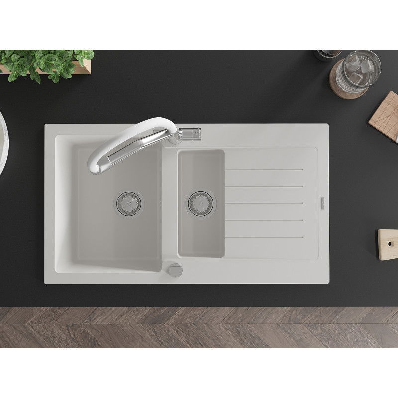 Mexen Matias žulový drez 1,5-komorový s odkvapkávačom a kuchynskou batériou Duo, biely - 6502-20-671701-02