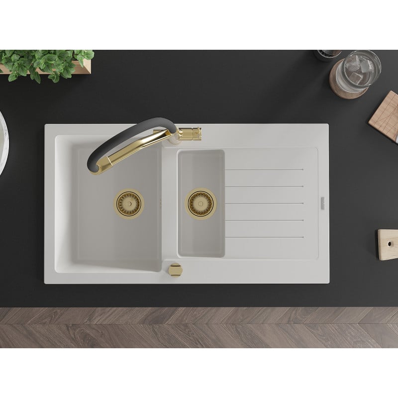 Mexen Matias granitový drez 1,5-komorový s odkvapkávačom a kuchynskou batériou Duo, biely - 6502-20-671701-57-G