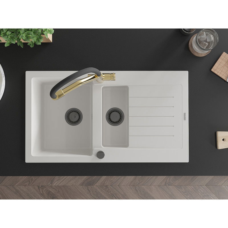 Mexen Matias žulový drez 1,5-komorový s odkvapkávačom a kuchynskou batériou Duo, biely - 6502-20-671701-57-B