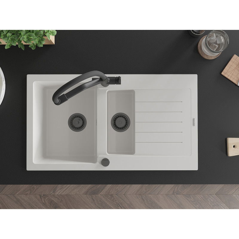 Mexen Matias granitový drez 1,5-komorový s odkvapkávačom a kuchynskou batériou Duo, biely - 6502-20-671701-70-B