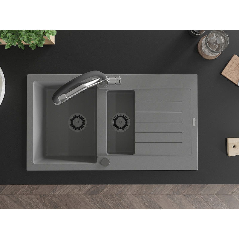 Mexen Matias žulový drez 1,5-komorový s odkvapkávačom a kuchynskou batériou Duo, sivý - 6502-71-671701-07-B
