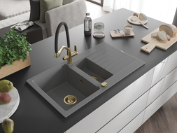 Mexen Matias granitový drez 1,5-komorový s odkvapkávačom a kuchynskou batériou Duo, sivý - 6502-71-671701-57-G