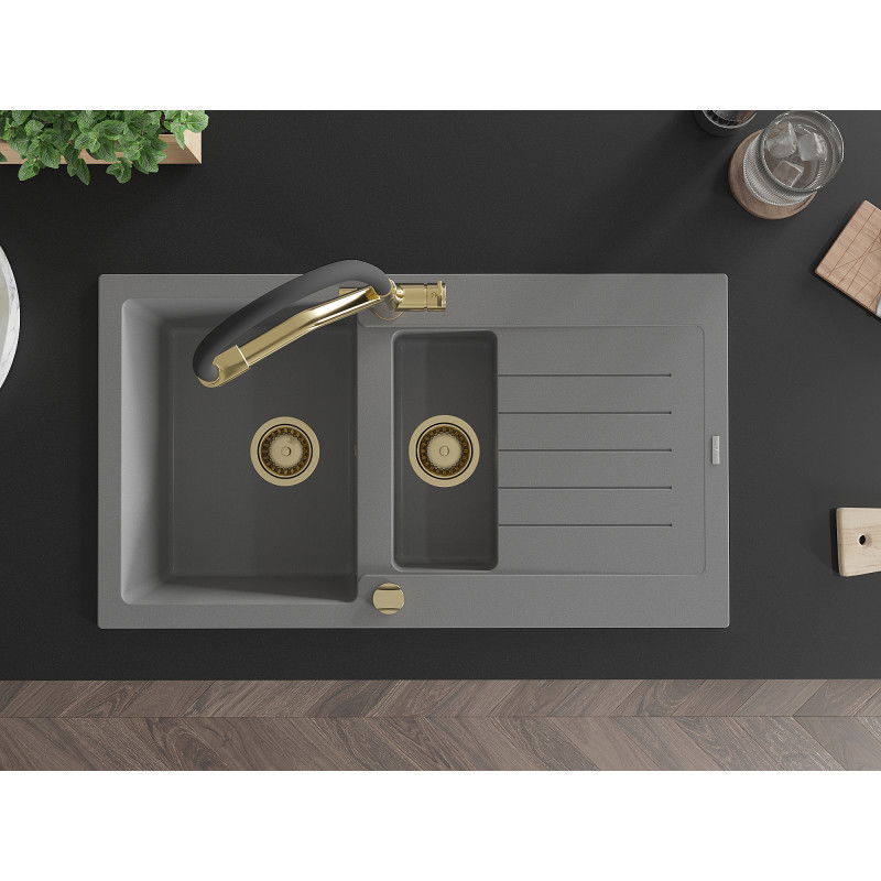 Mexen Matias žulový drez 1,5-komorový s odkvapkávačom a kuchynská batéria Duo, sivý - 6502-71-671701-57-G