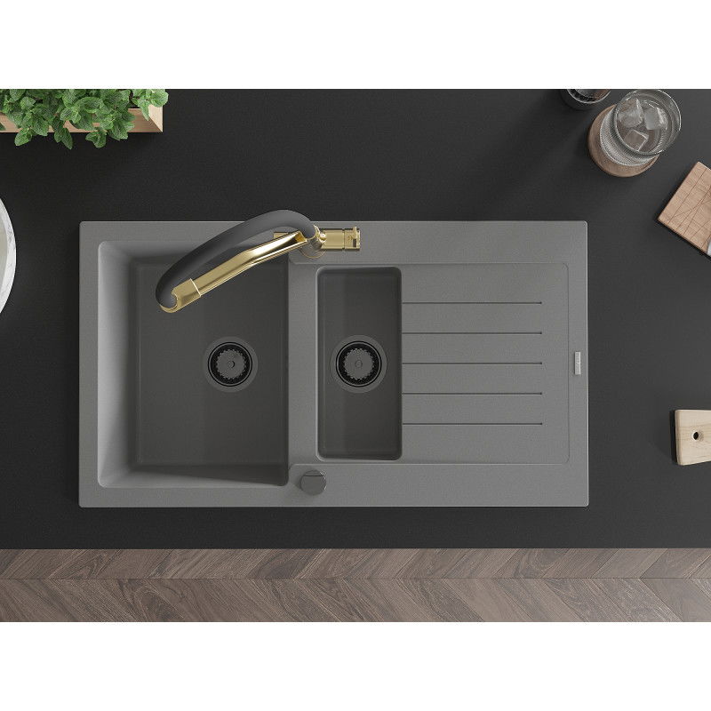 Mexen Matias žulový drez 1,5-komorový s odkvapkávačom a kuchynskou batériou Duo, sivý - 6502-71-671701-57-B