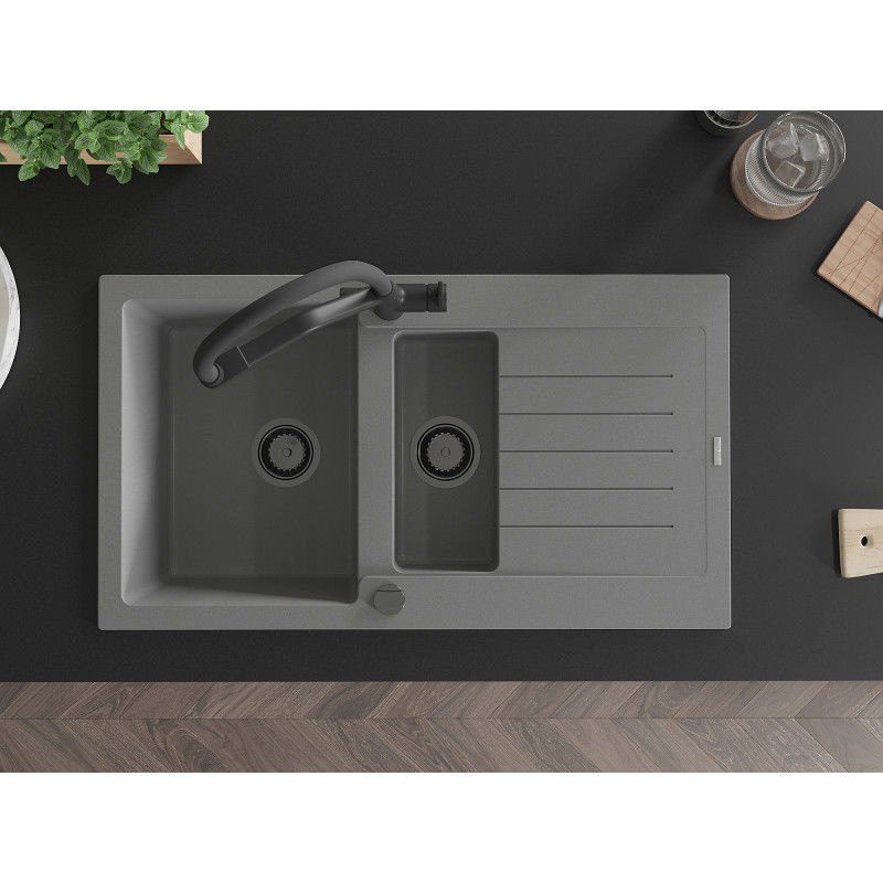 Mexen Matias granitový drez 1,5-komorový s odkvapkávačom a kuchynskou batériou Duo, sivý - 6502-71-671701-70-B