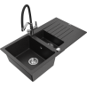 Mexen Matias granitový drez s 1,5 komorami, s odkvapkávačom a kuchynskou batériou Duo, čierno/strieborný metalický