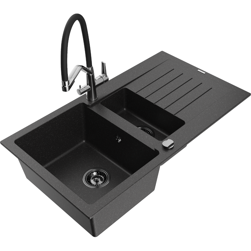 Mexen Matias žulový drez 1,5-komorový s odkvapkávačom a kuchynskou batériou Duo, čierny/strieborný - 6502-73-671701-07-B