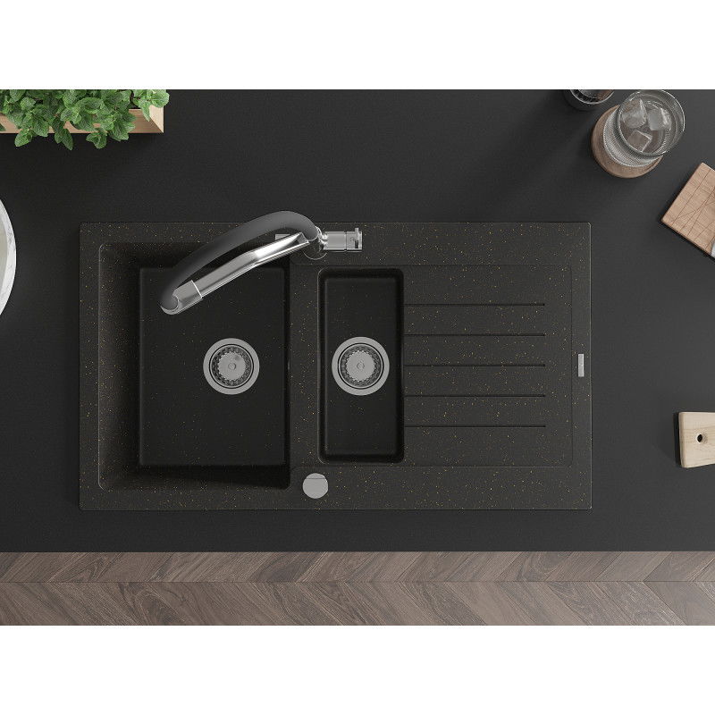 Mexen Matias granitový drez 1,5-komorový s odkvapkárom a kuchynskou batériou Duo, čierny/zlatý metalik - 6502-75-671701-07
