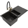 Mexen Matias granitový drez 1,5-komorový s odkvapkávacou doskou a kuchynskou batériou Duo, čierny/zlatý metalický