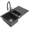 Mexen Matias granitový drez 1,5-komorový s odkvapkávacou plochou a kuchynskou batériou Duo, čierny s bodkami