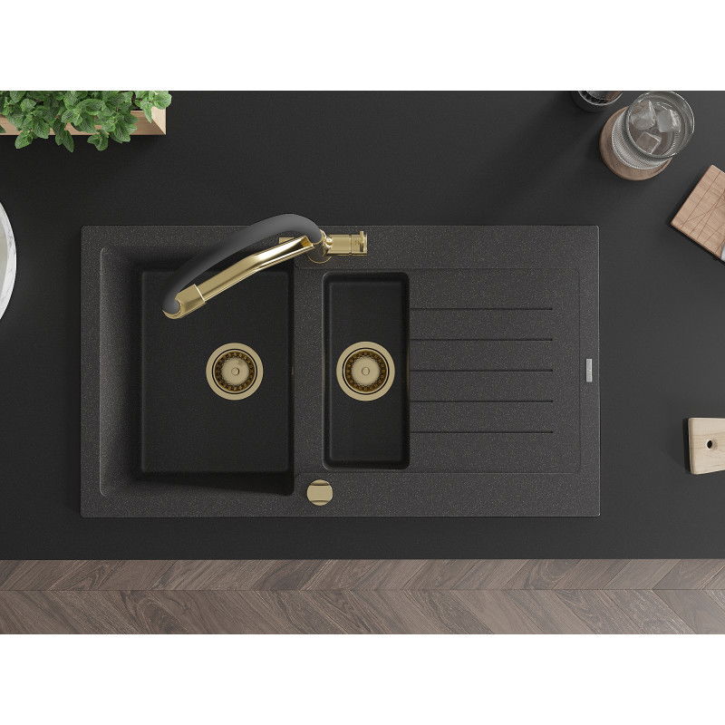 Mexen Matias granitový drez 1,5-komorový s odkvapkávačom a kuchynskou batériou Duo, čierny bodkovaný - 6502-76-671701-57-G