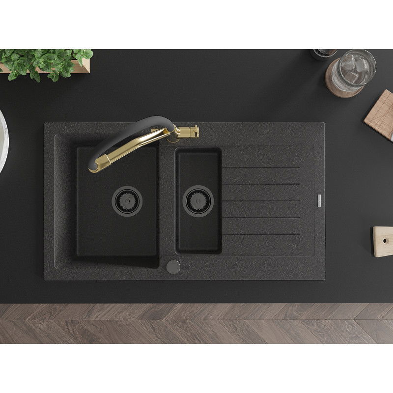 Mexen Matias granitový drez 1,5-komorový s odkvapkávačom a kuchynskou batériou Duo, čierny s kropením - 6502-76-671701-57-B