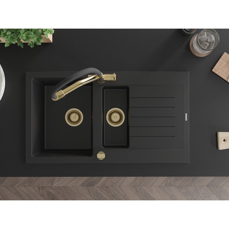 Mexen Matias žulový kuchynský drez 1,5-komorový s odkvapkávačom a kuchynskou batériou Duo, čierny - 6502-77-671701-57-G