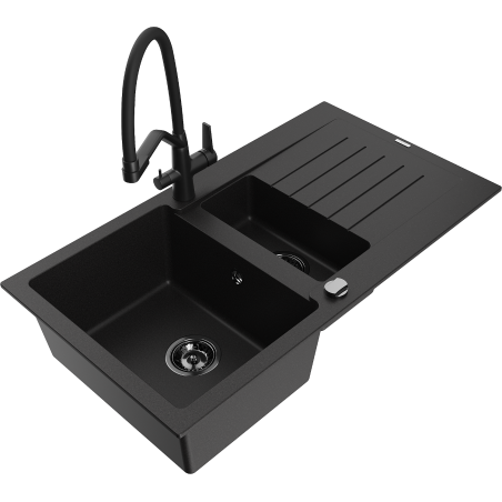 Mexen Matias žulový drez s 1,5 komorou s odkvapkávačom a kuchynskou batériou Duo, čierna - 6502-77-671701-70-B