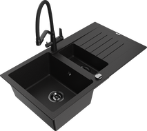 Mexen Matias žulový drez s 1,5 komorou s odkvapkávačom a kuchynskou batériou Duo, čierna - 6502-77-671701-70-B