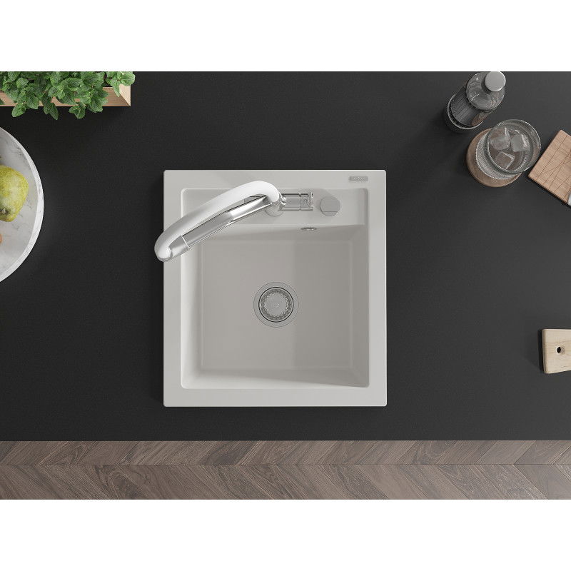 Mexen Vito žulový drez s 1 komorou s kuchynskou batériou Duo, biely - 6503-20-671701-02