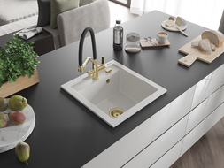 Mexen Vito žulový drez s 1 komorou a kuchynskou batériou Duo, biely - 6503-20-671701-57-G