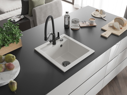 Mexen Vito granitový drez 1-komorový s kuchynskou batériou Duo, biely - 6503-20-671701-70-B
